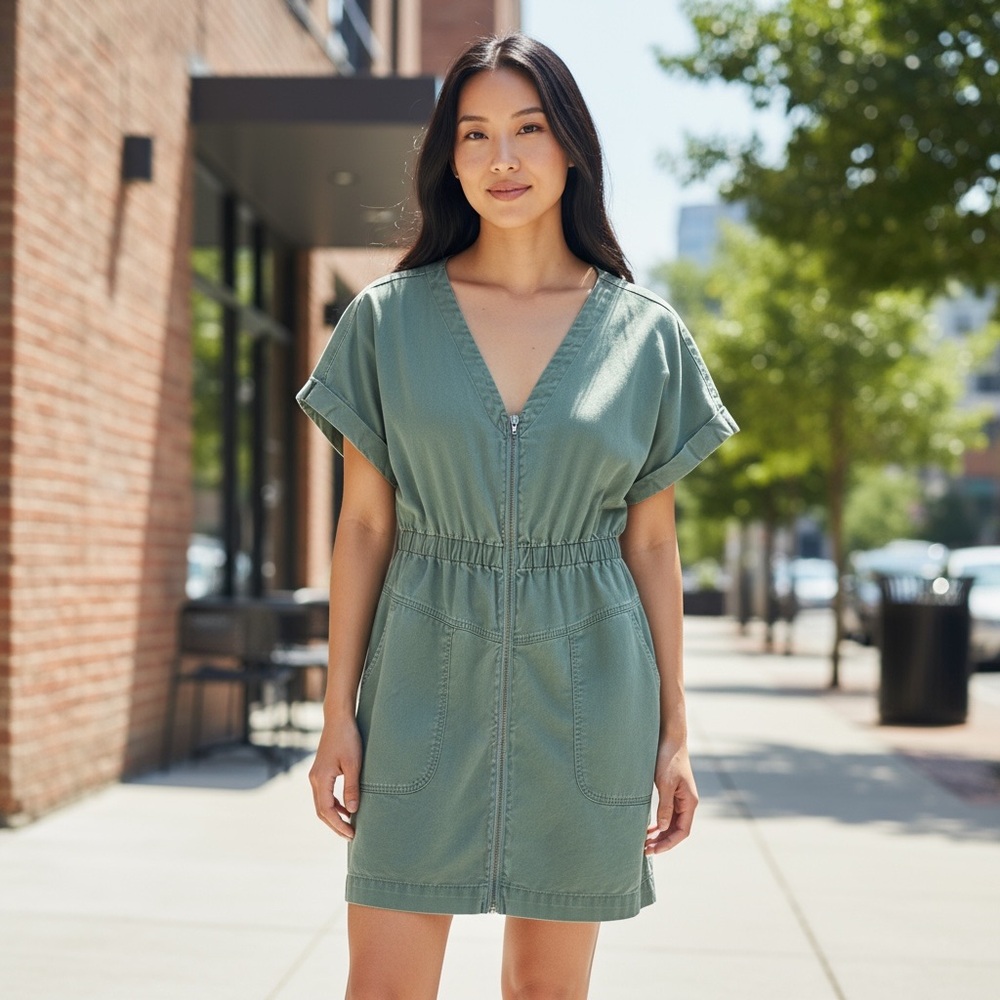Universal Thread Sage Green V-Neck Full Zip Dress